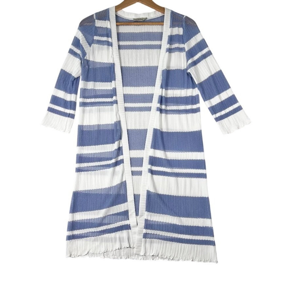 Ana & Kate Blue White Striped Open Front Mesh Knit Long Cardigan Duster S